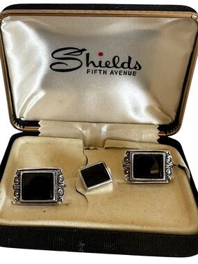 VTGShields Fifth Avenue Black Cufflink & Tie Tack Set Silver Tone Formal